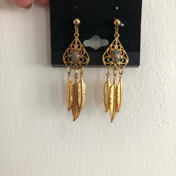 Vintage Gold Feather Drop Earrings - Picture 2 of 2